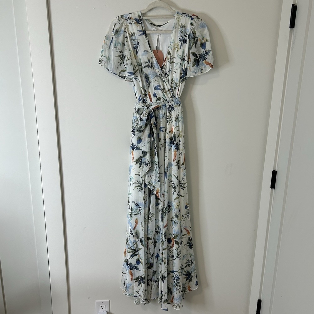Ivy City Dress Womens Small Lyla Ivory Floral Maxi Multicolor Faux Wrap Wedding
